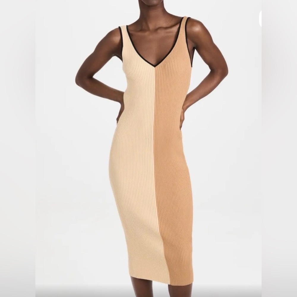 STAUD V Neck Ribbed Midi Dress Cream and Tan - Picture 3 of 9